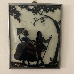 Antique Convex Bubble Glass Reverse Painted Victorian Courting Couple Silhouette